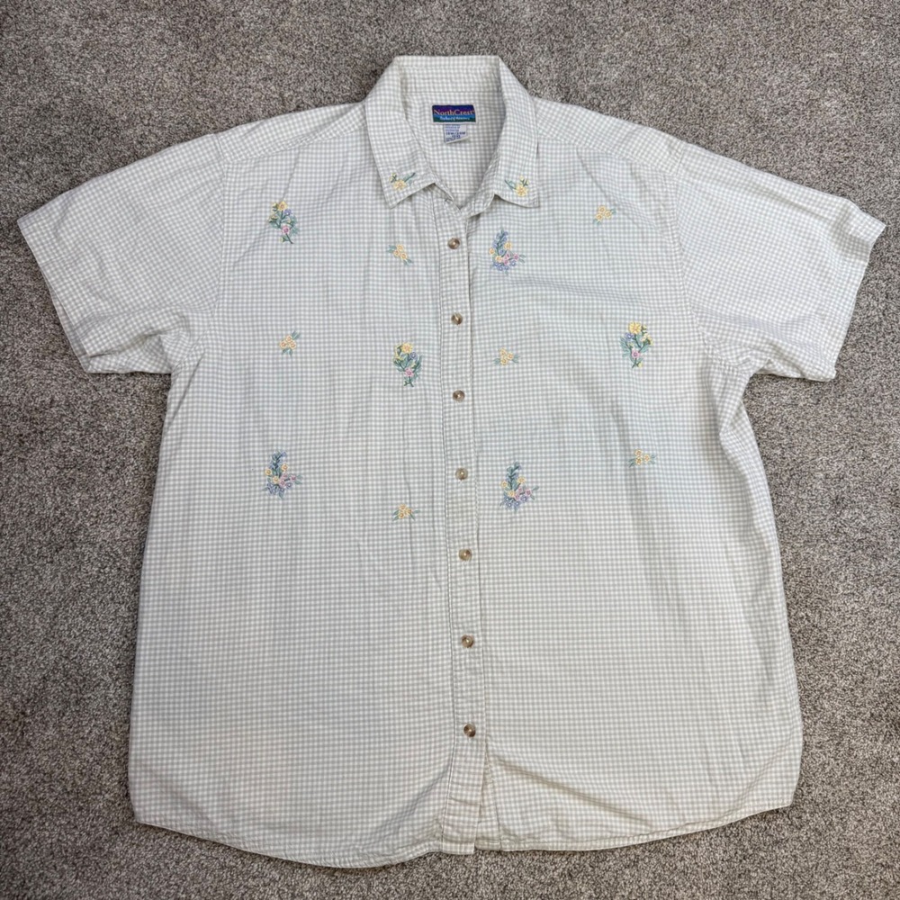 NorthCrest Floral Gingham Button Up Shirt Sage Green White 2X 18W/20W